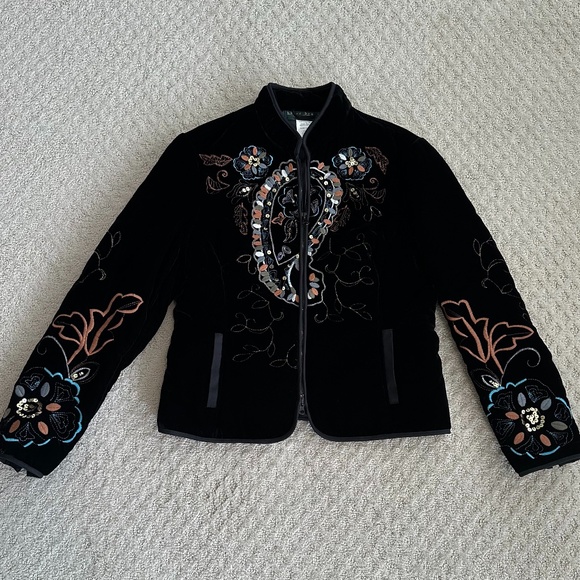 Harve Benard Black Velvet Embroidered Zip Front Jacket Size 8 - Picture 1 of 13